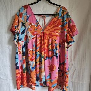 Floral Colorful Print Plus Size Short Sleeve Blouse Top Women's Over Size Fit